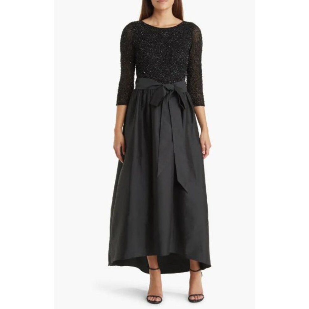 Pisarro Nights Beaded Bodice & Taffeta High-Low Gown in Black Size 10P